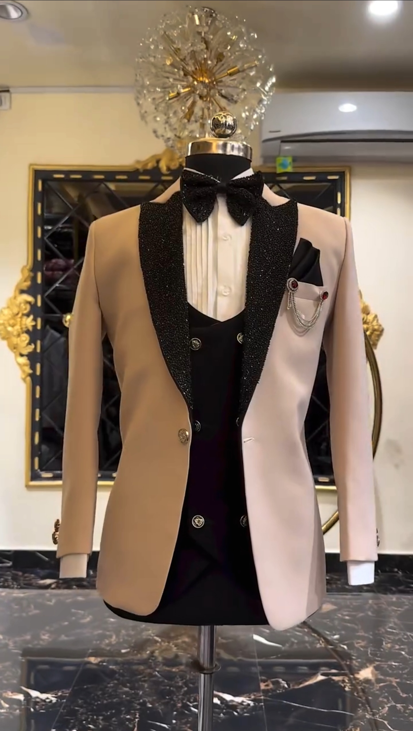 Champagne & Black Crystal Peak Lapel Tuxedo Set