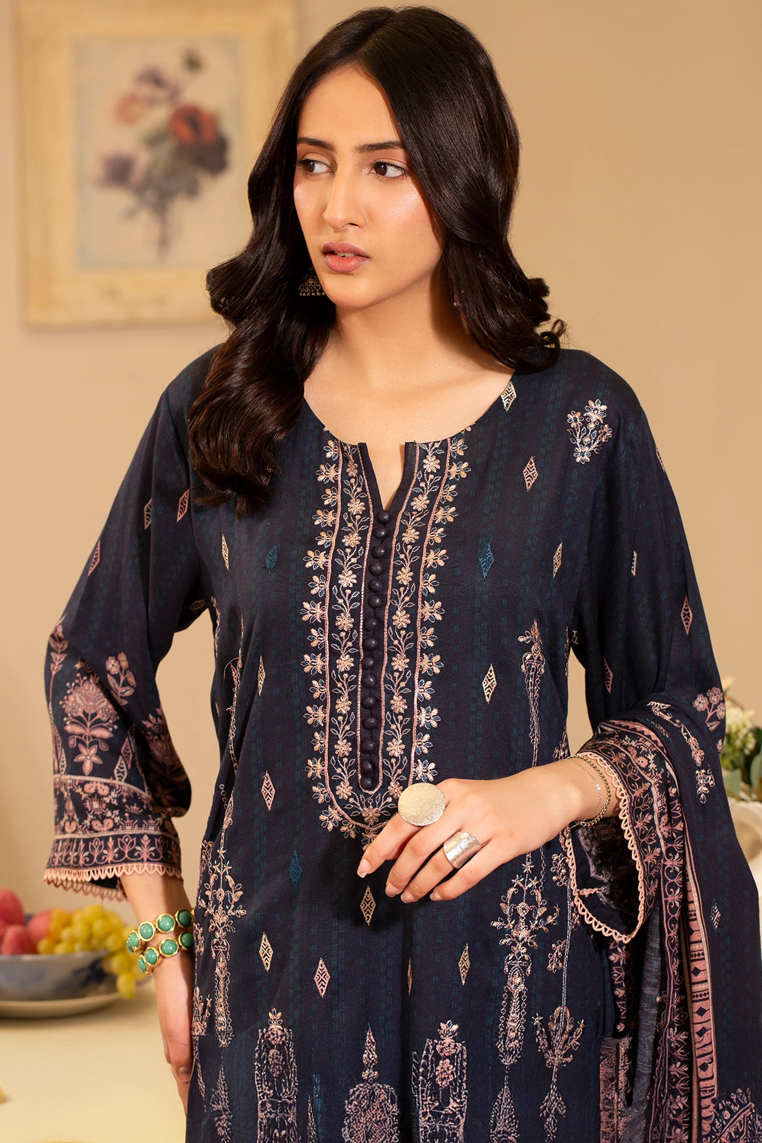 Midnight Bloom Embroidered Karandi 3-Piece Unstitched Suit