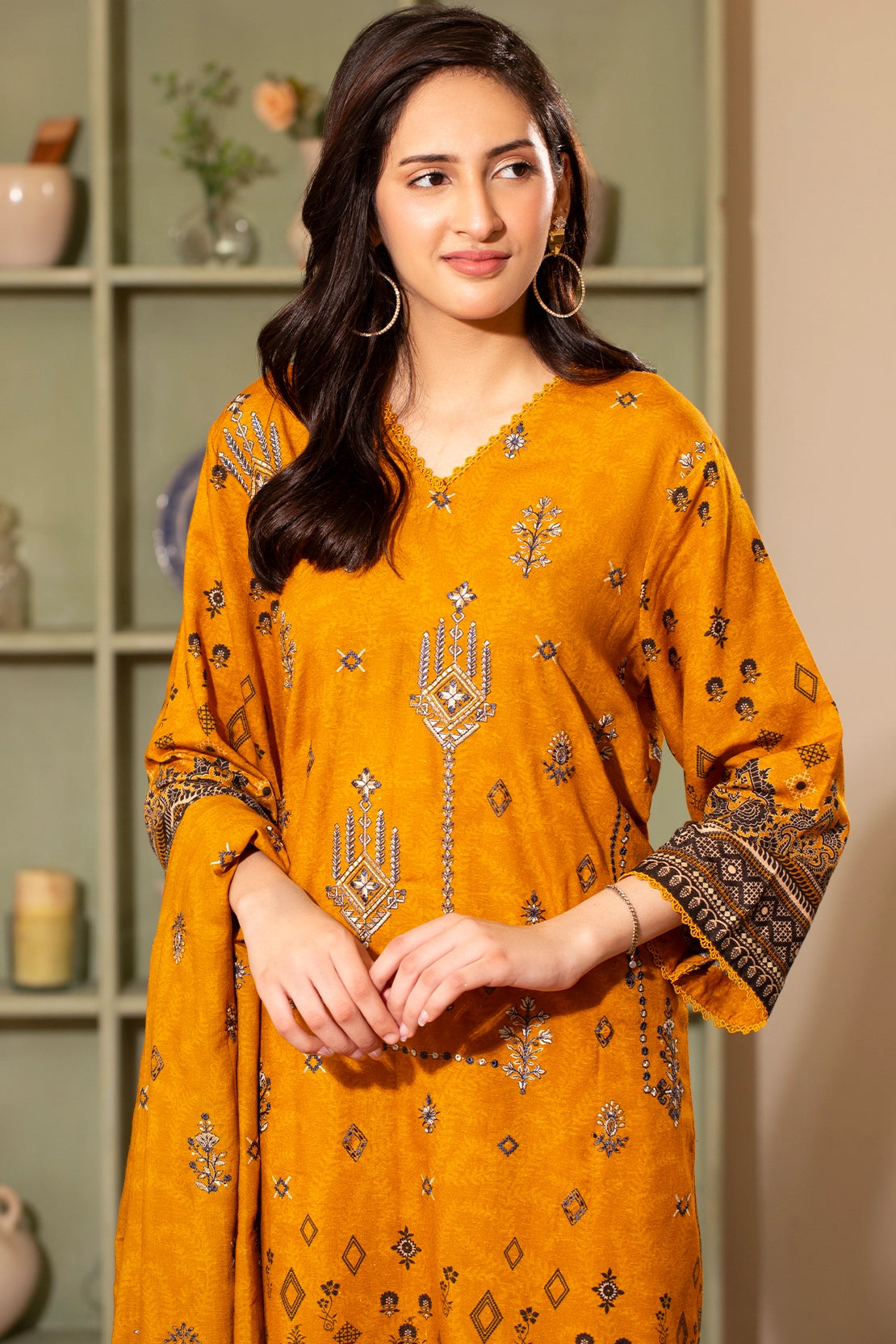 Radiant Marigold Embroidered Karandi 3-Piece Suit