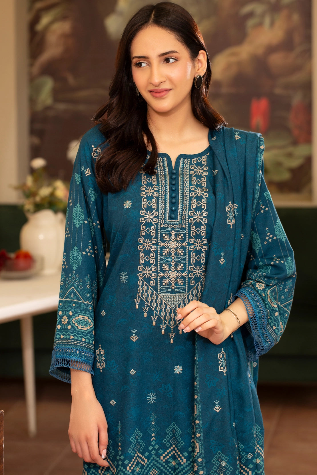 Sapphire Teal Embroidered Karandi 3-Piece Unstitched Suit