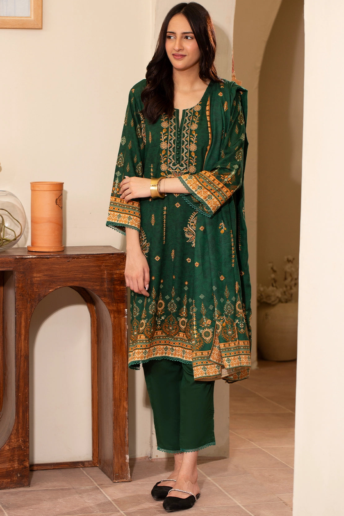 Emerald Radiance - Embroidered Rice Karandi 3-Piece Unstitched Suit