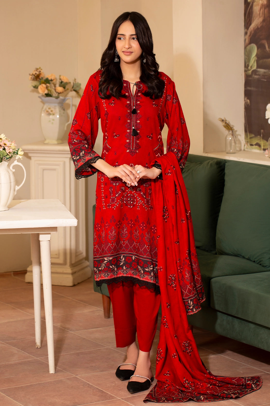Regal Ruby Unstitched 3PC Red Embroidered Rice Karandi Suit