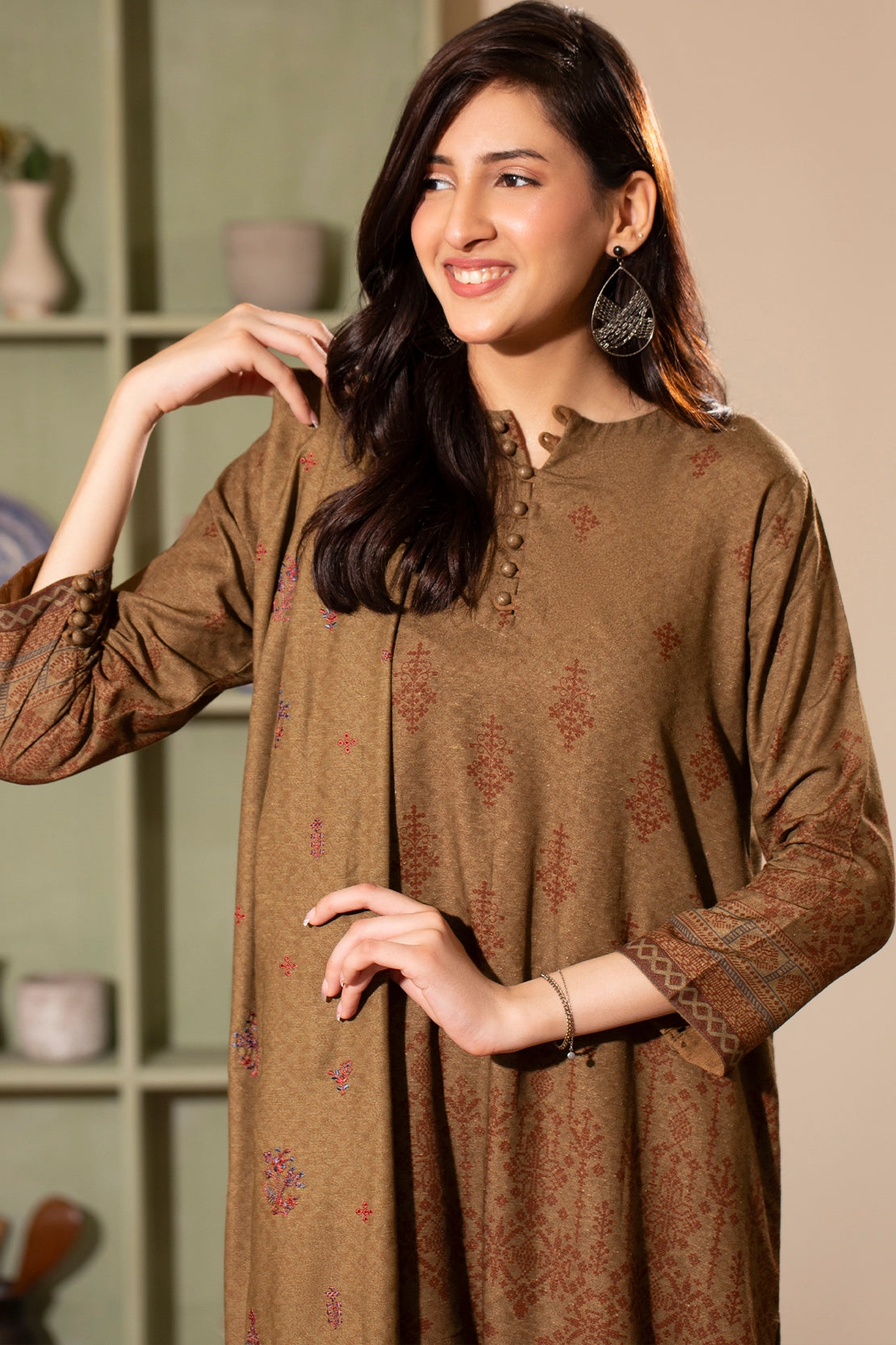 Earthy Khaki Embroidered Karandi 3-Piece Unstitched Suit