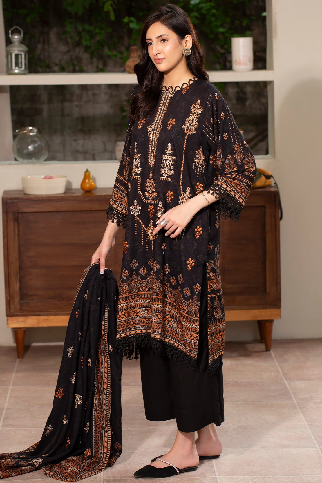 Midnight Black: Embroidered Rice Karandi 3-Piece Suit