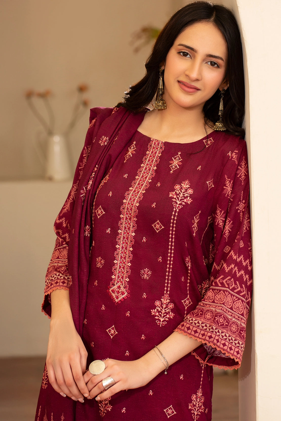 Regal Maroon & Gold | Digital Printed Embroidered Rice Karandi 3-Piece Unstitched Suit