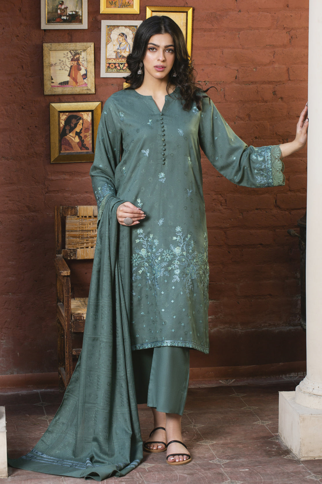 The Emerald Bloom Unstitched EMBROIDERED JACQUARD Wool 3-Piece Suit