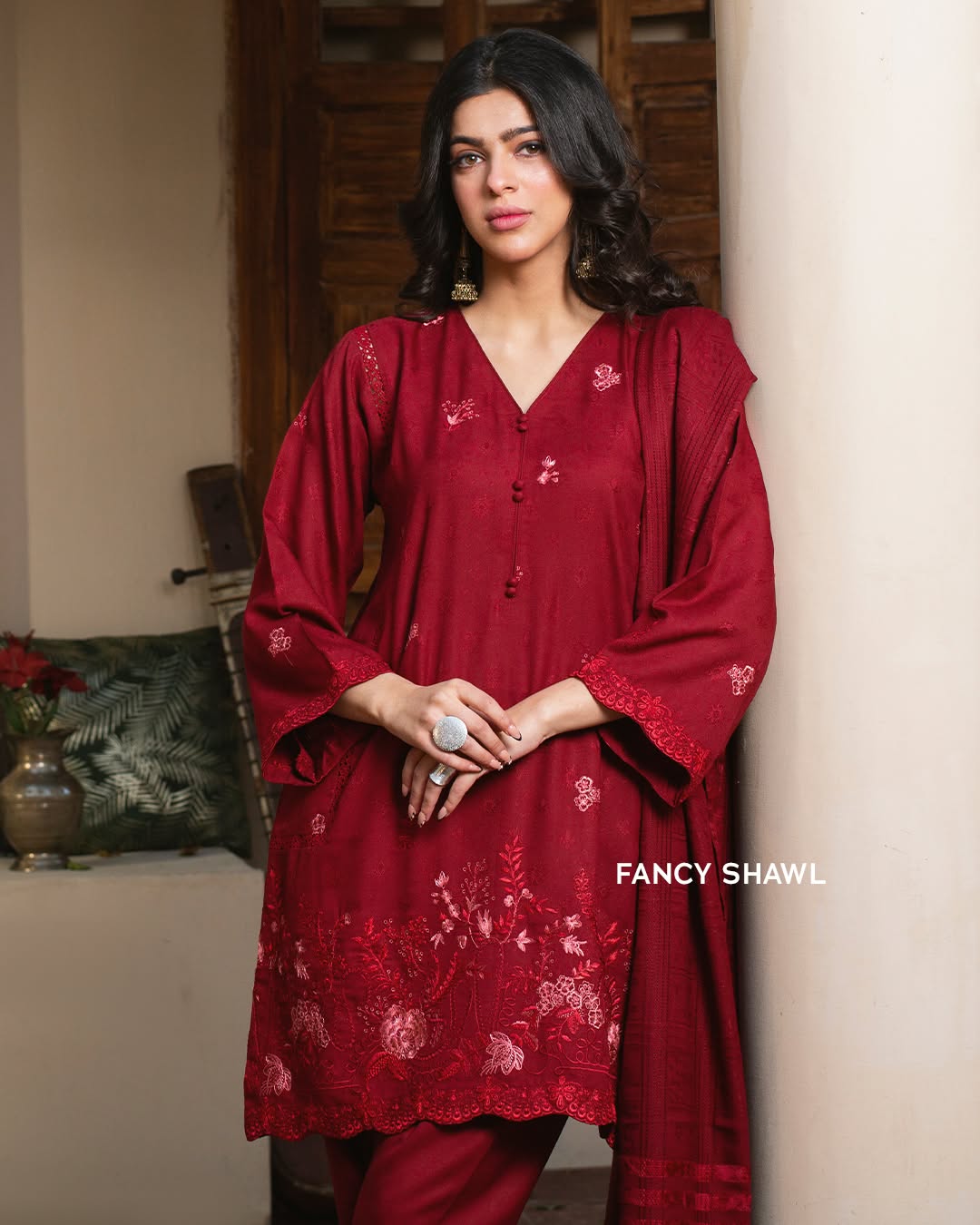 Regal Ruby Embroidered Jacquard Wool 3-Piece Unstitched Suit