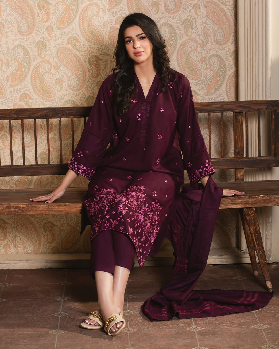 Regal Plum Embroidered Jacquard 3-Piece Unstitched Suit