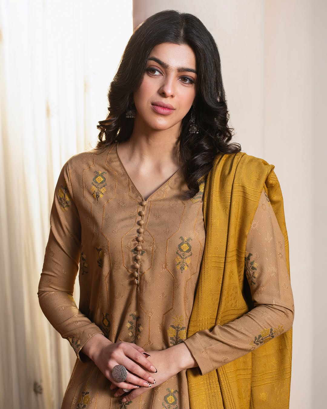 The Ochre Bloom Unstitched Embroidered Jacquard Wool 3-Piece Suit