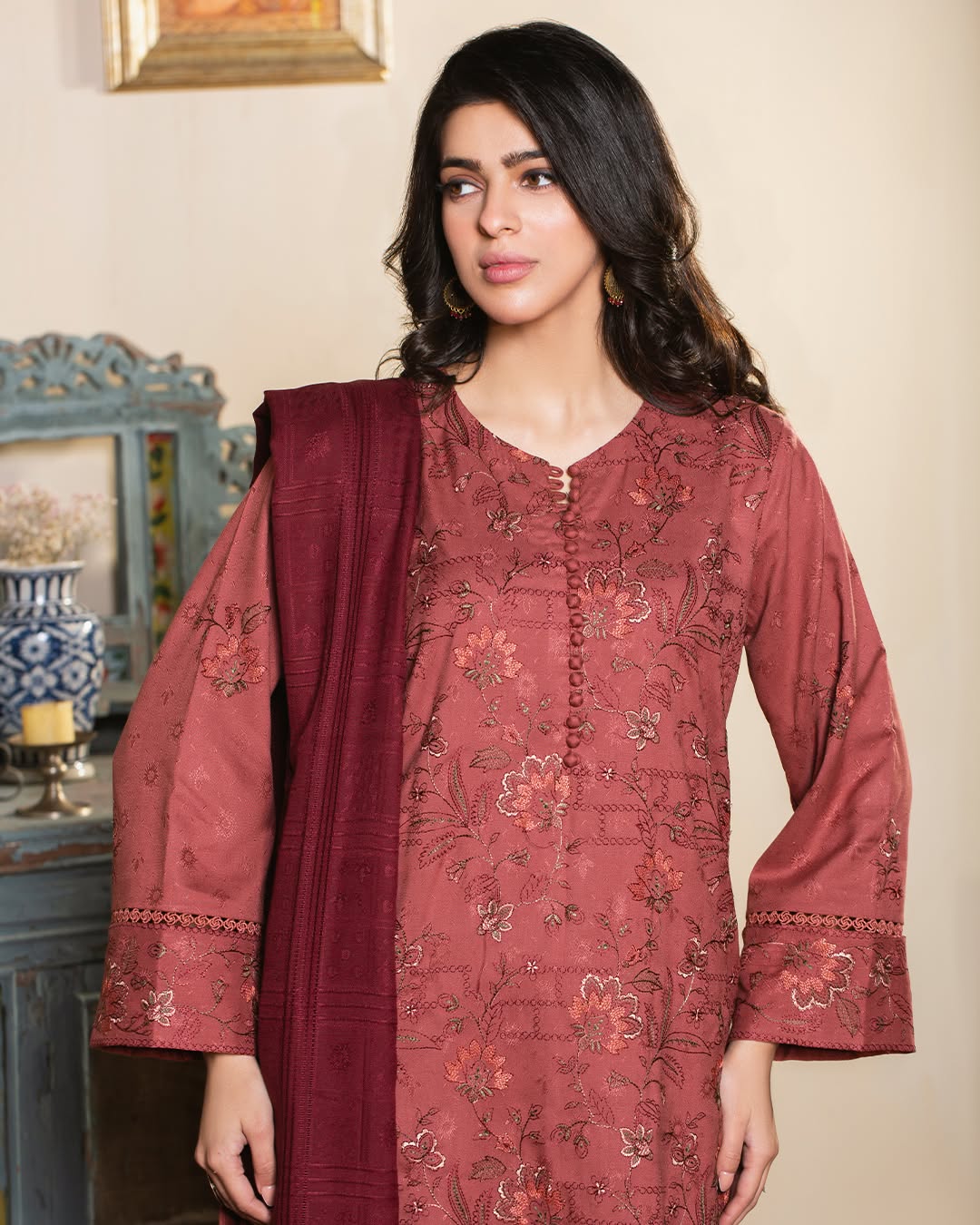 "Crimson Bloom" Embroidered Jacquard Wool 3-Piece Unstitched Suit