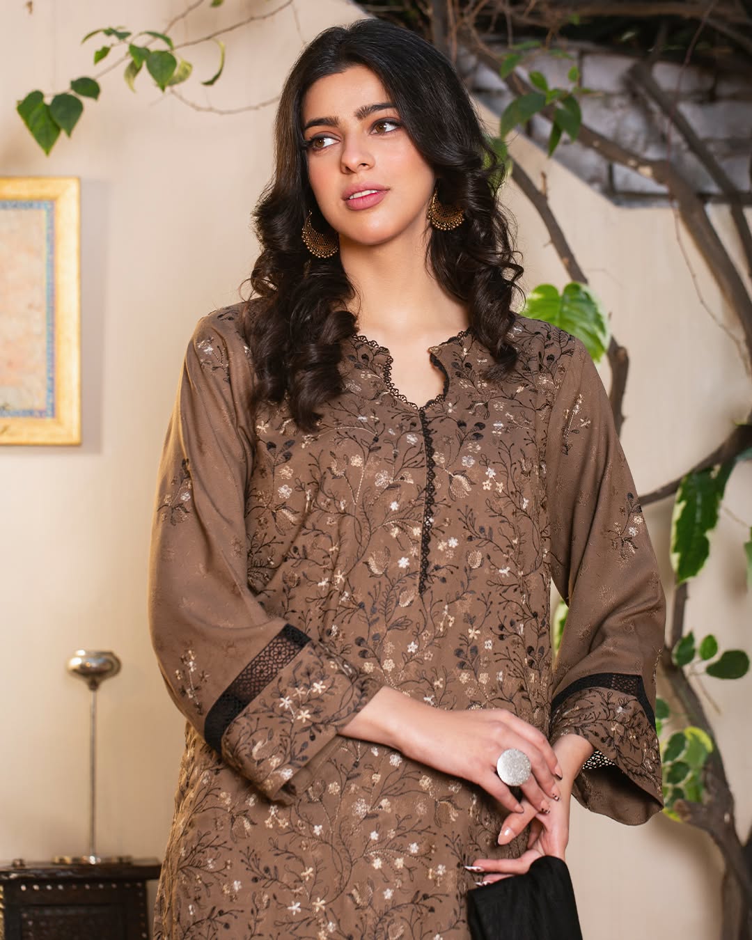 Chocolate Bloom Jacquard Suit - Unstitched 3 Piece