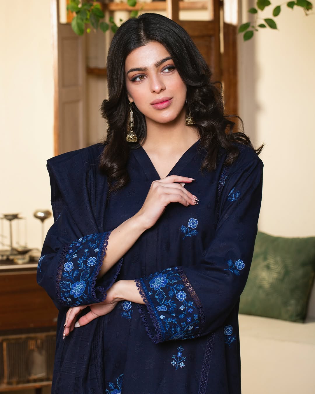 Sapphire Dusk - Embroidered Jacquard Wool 3-Piece Unstitched Suit