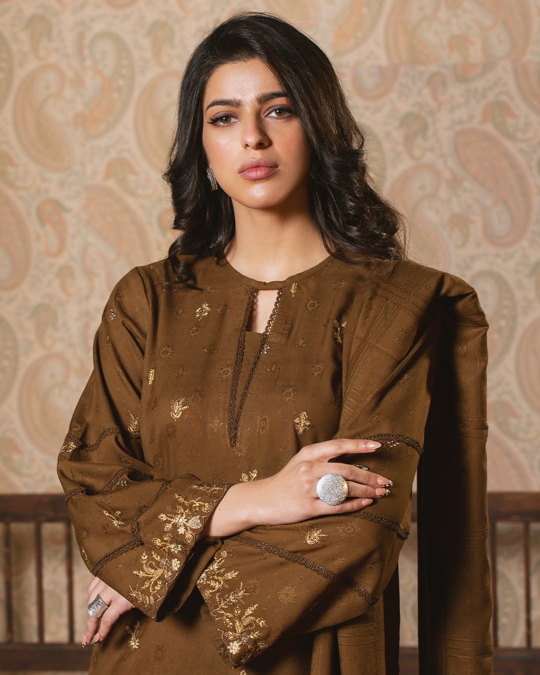 "Earthy Elegance" Embroidered Jacquard Wool 3-Piece Unstitched Suit